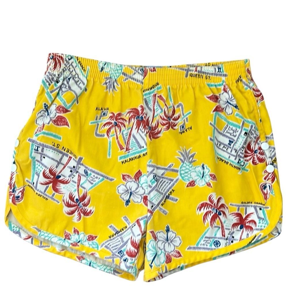 Vintage Drop Anchor Hawaiian Tropical Yellow 80s Womens Elastic Waist Shorts